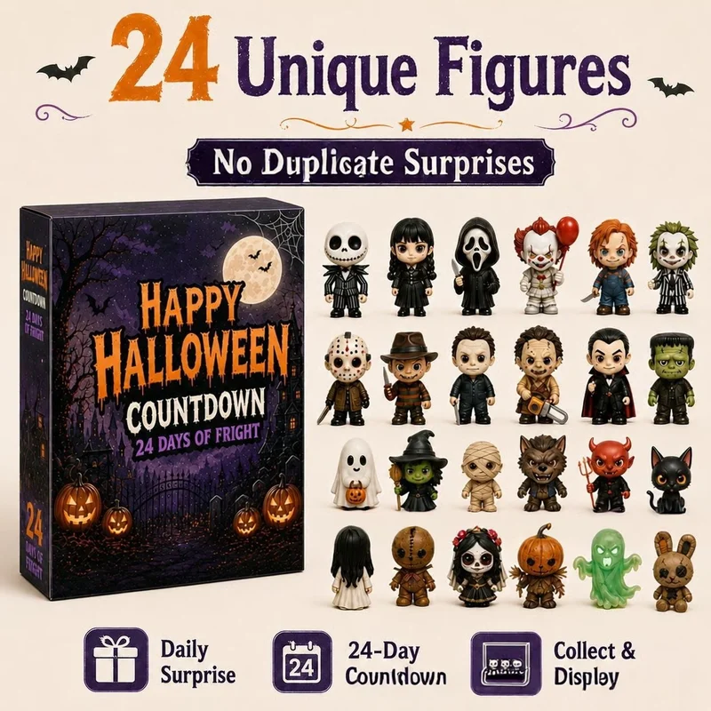 Home Office Gadgets - 2026年ハロウィーンアドベントカレンダー：24日間カウントダウン、ホラー映画のミニフィギュア24個入りセット。卓上や自宅、パーティーの装飾に。サプライズギフトとしても最適。