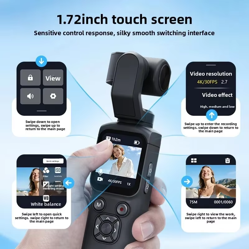Home Office Zoom - 4Kライブストリーミングカメラ ポケットカメラ 1.72インチタッチスクリーン ズームスポーツカム ポータブルVlogビデオレコーダー サイクリング用