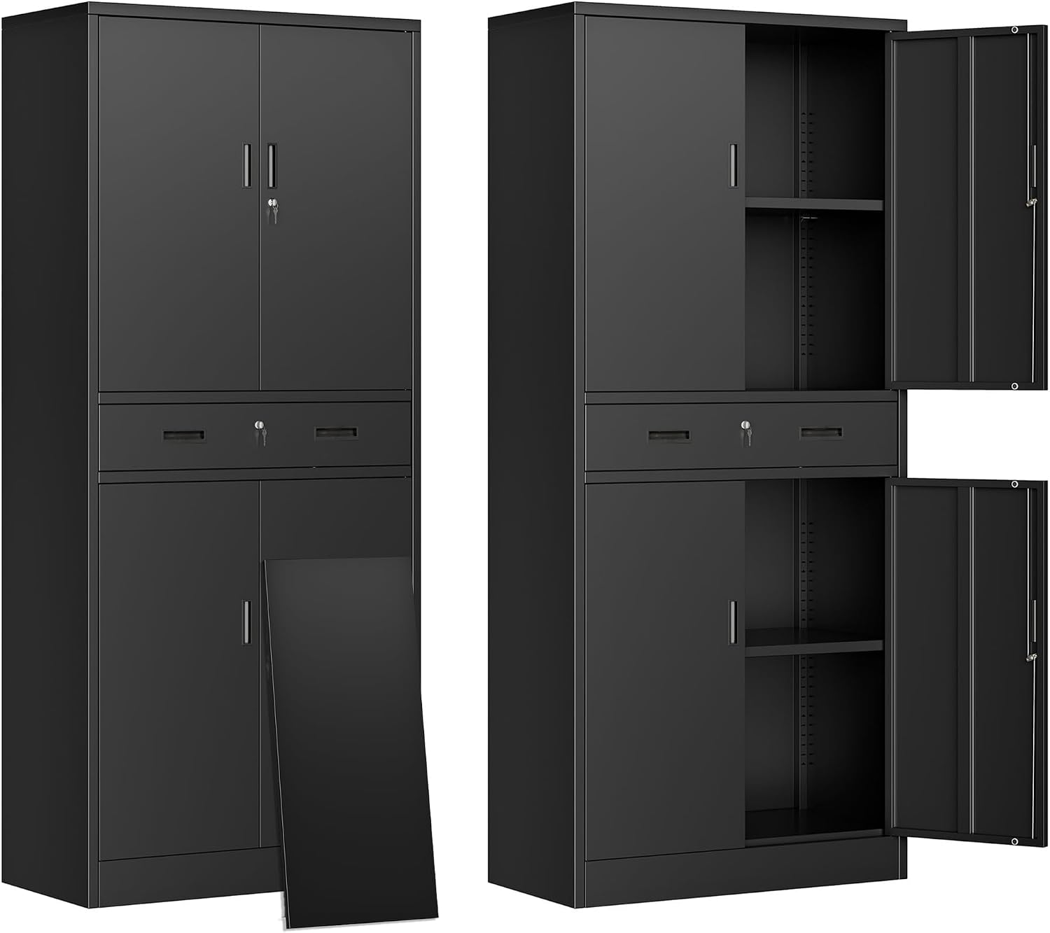 Home Office Kitchen - 引き出し付き背の高い金属製収納キャビネット、鍵付きツール・ファイル収納庫、家庭・オフィス・ガレージ・キッチン・倉庫用ユーティリティスチールオーガナイザー、多段調整可能棚ユニット、モダンインダストリアル、ブラック、1個